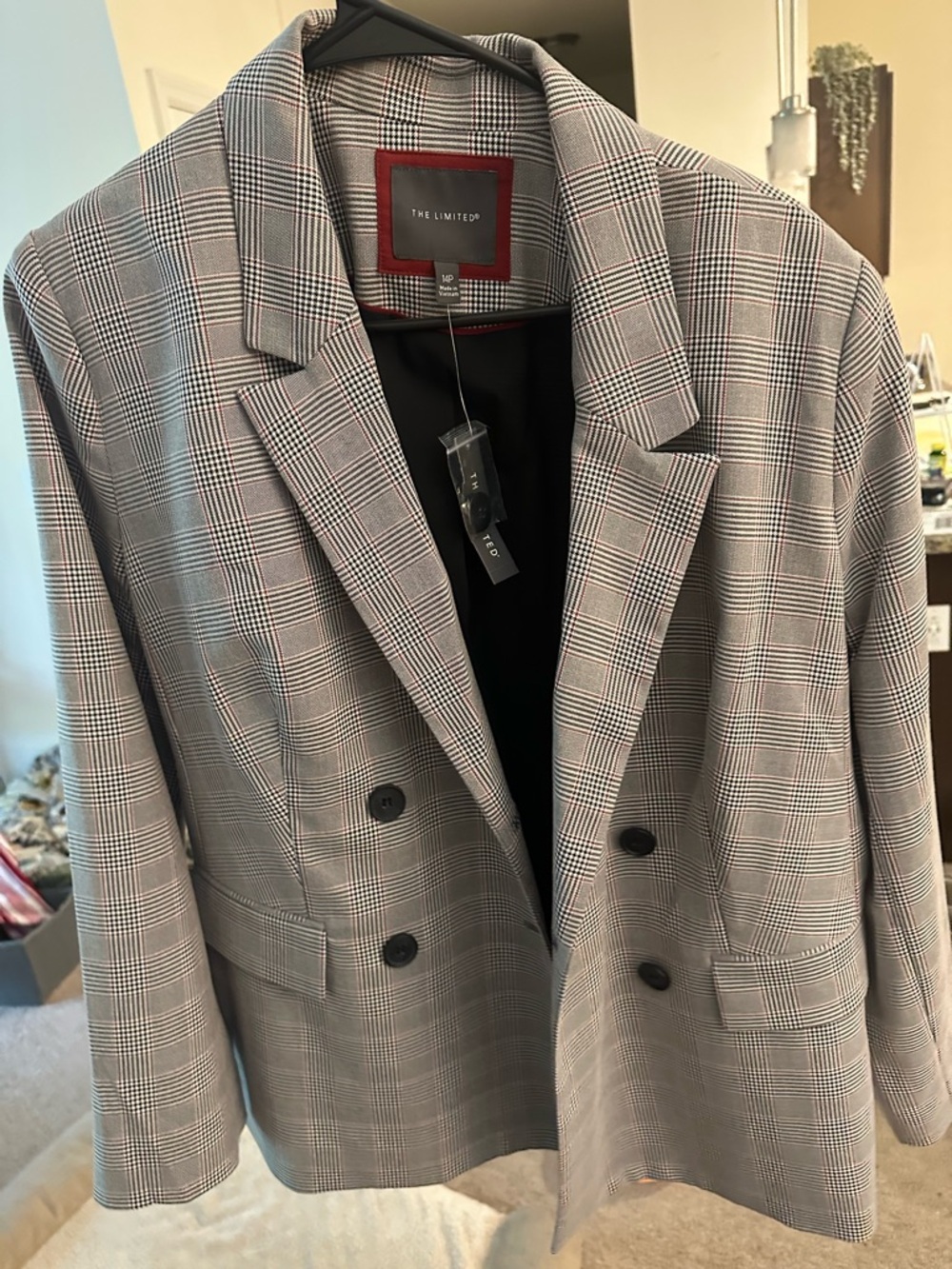 The Limited Gray Glen Plaid Double-Breasted Blazer with Subtle Black Accents